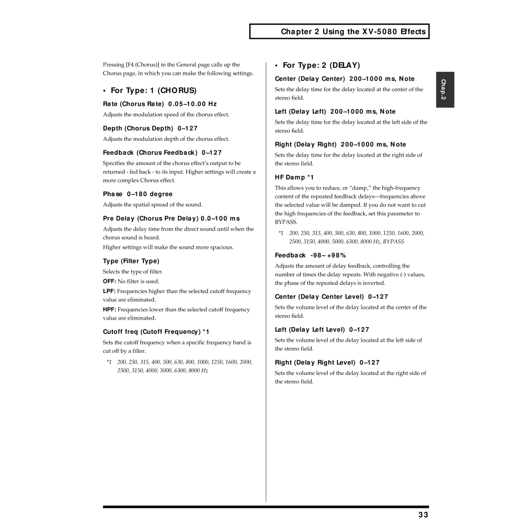 Roland owner manual For Type 1 Chorus, Using the XV-5080 Effects For Type 2 Delay 