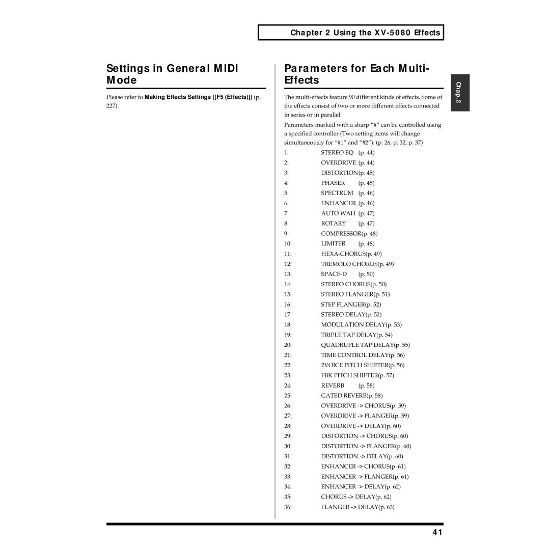 Roland XV-5080 owner manual Settings in General Midi Mode, Parameters for Each Multi- Effects 