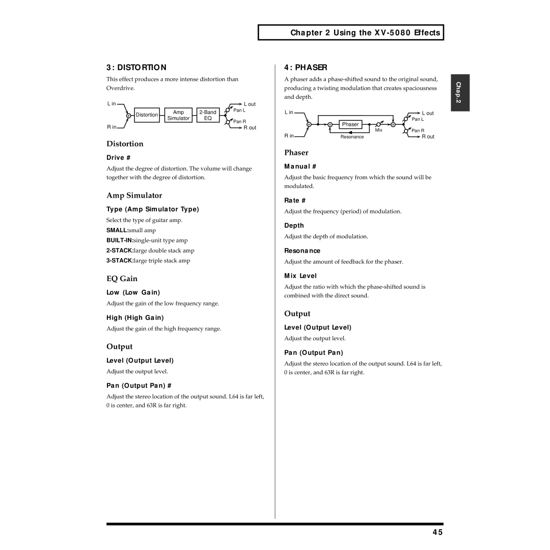 Roland XV-5080 owner manual Distortion, Phaser 