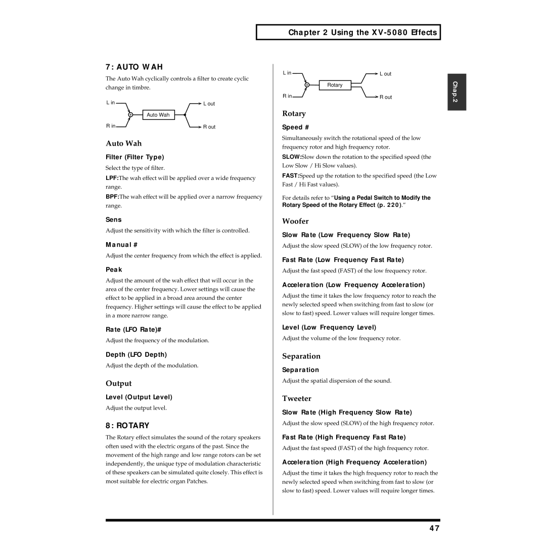 Roland XV-5080 owner manual Auto WAH, Rotary 