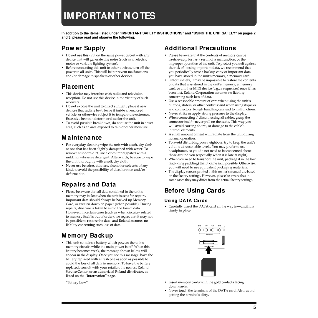 Roland XV-5080 owner manual Power Supply, Placement, Maintenance, Repairs and Data, Memory Backup, Additional Precautions 