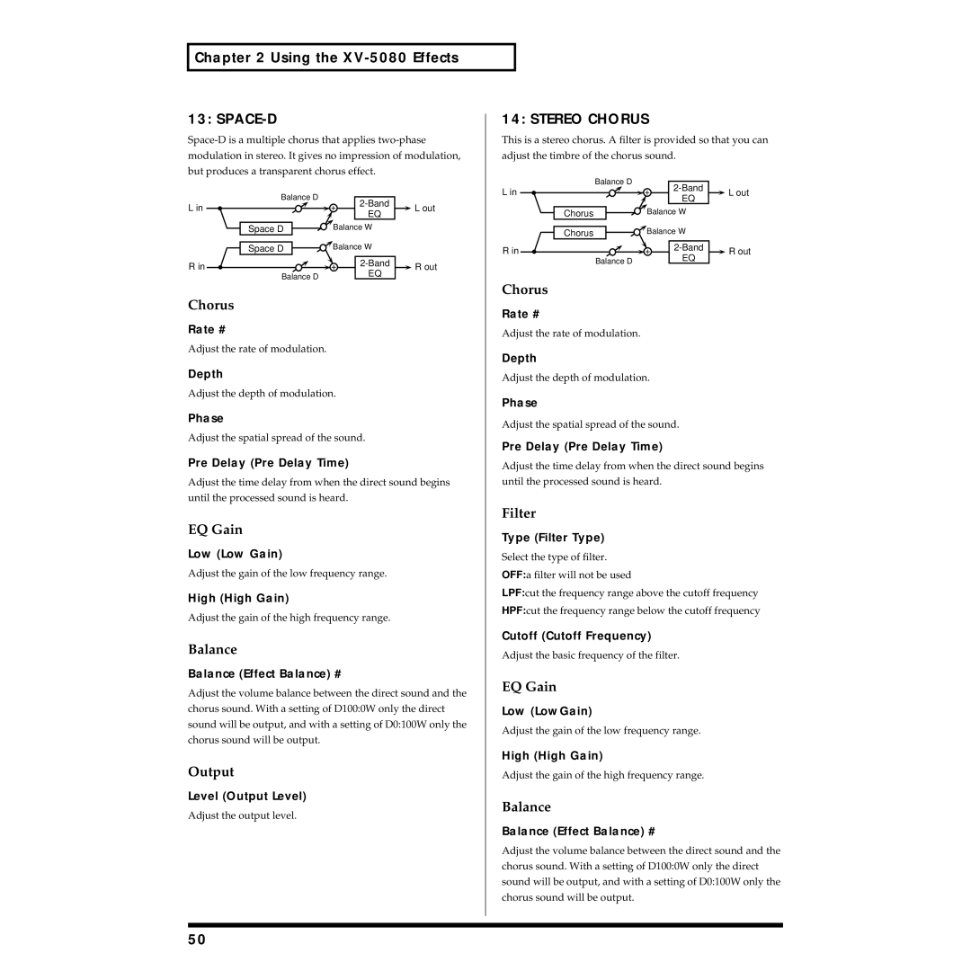 Roland XV-5080 owner manual Space-D, Stereo Chorus, Filter, Phase, Cutoff Cutoff Frequency 