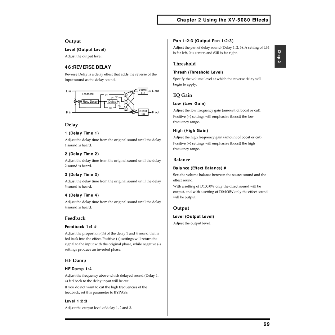 Roland XV-5080 owner manual 46REVERSE Delay, Feedback, HF Damp, Threshold 