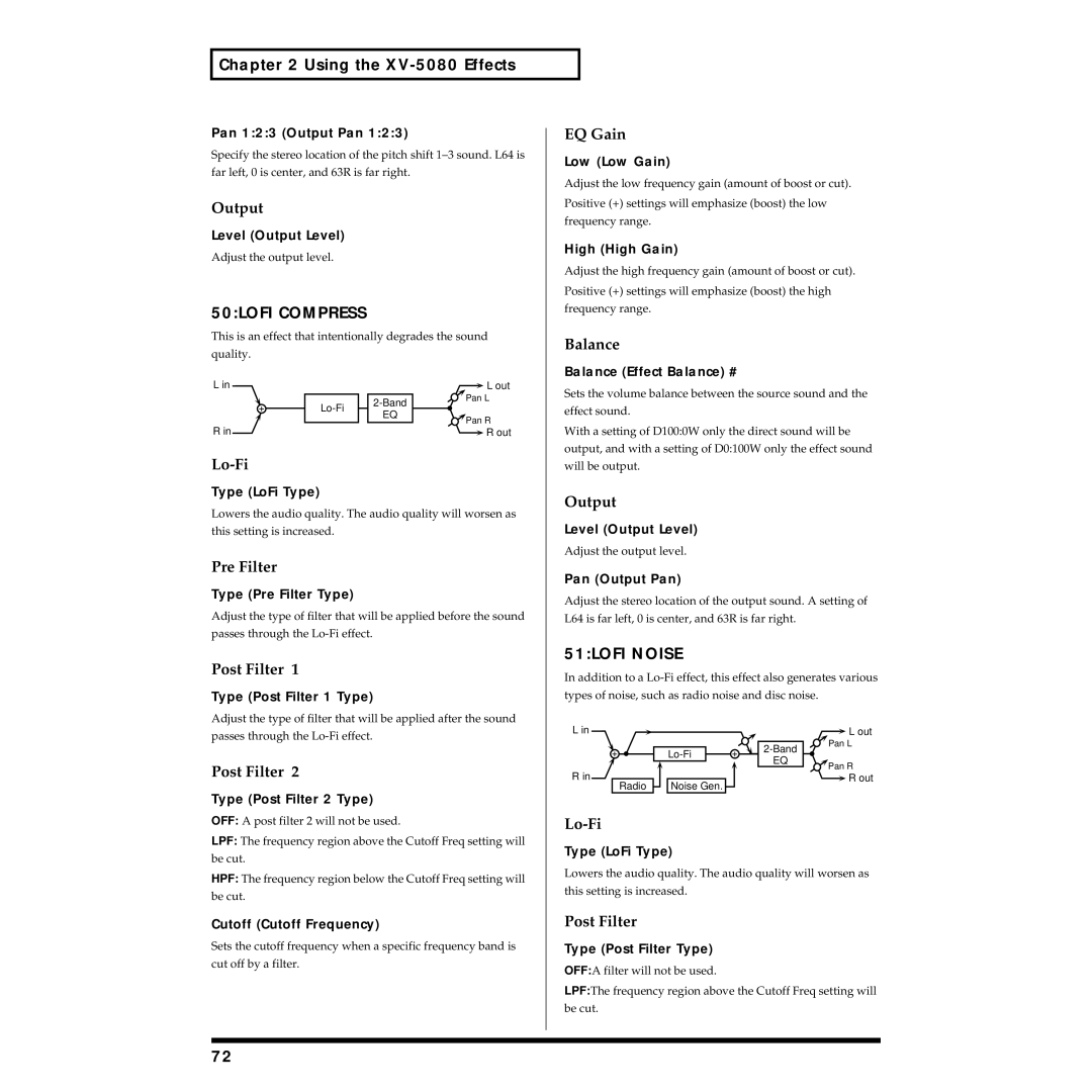 Roland XV-5080 owner manual 50LOFI Compress, Lo-Fi, Pre Filter, Post Filter, 51LOFI Noise 