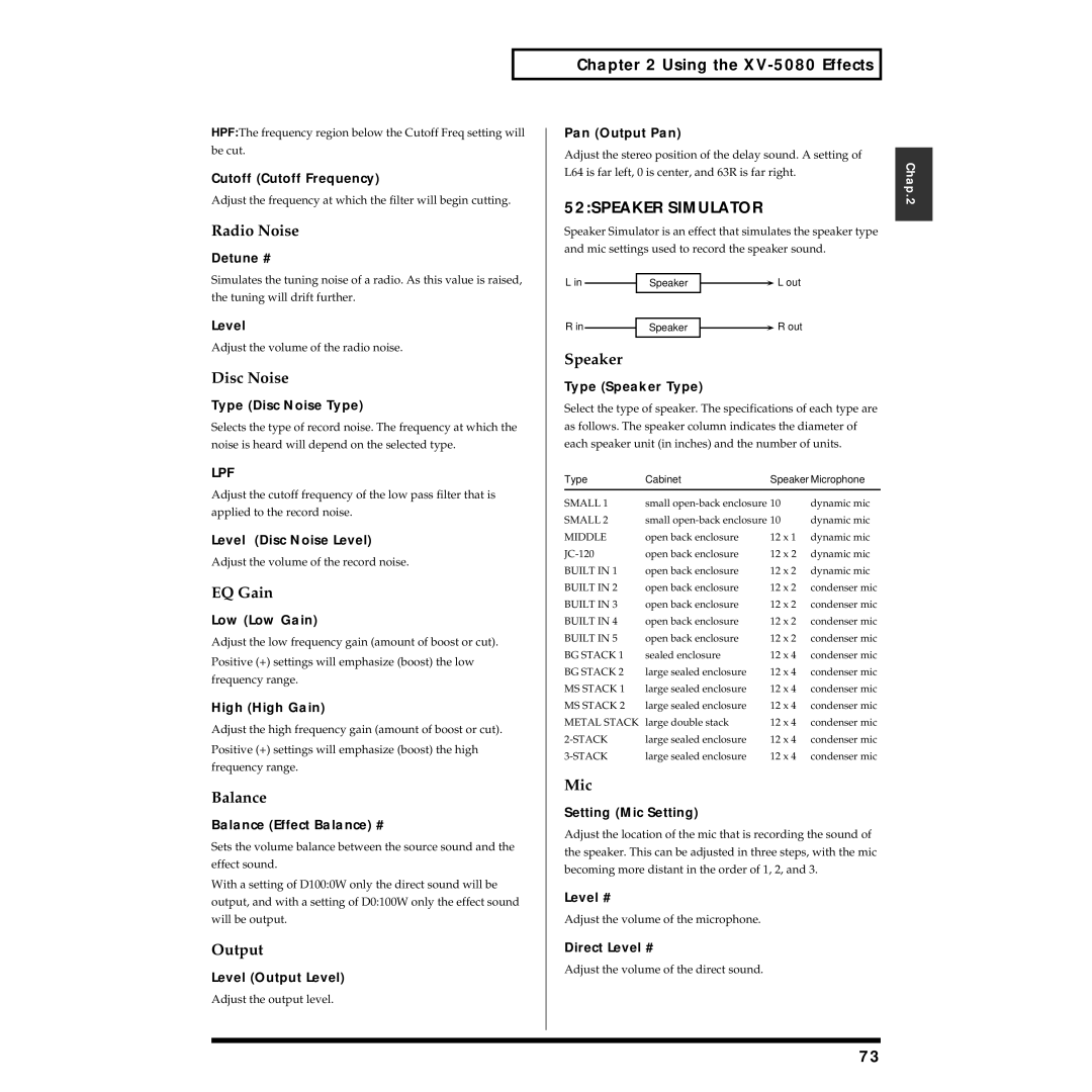 Roland XV-5080 owner manual Radio Noise, Disc Noise, 52SPEAKER Simulator, Speaker, Mic 