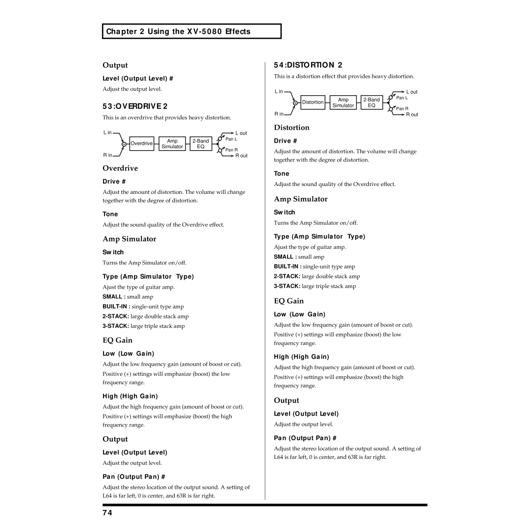 Roland XV-5080 owner manual 53OVERDRIVE, 54DISTORTION, Tone 