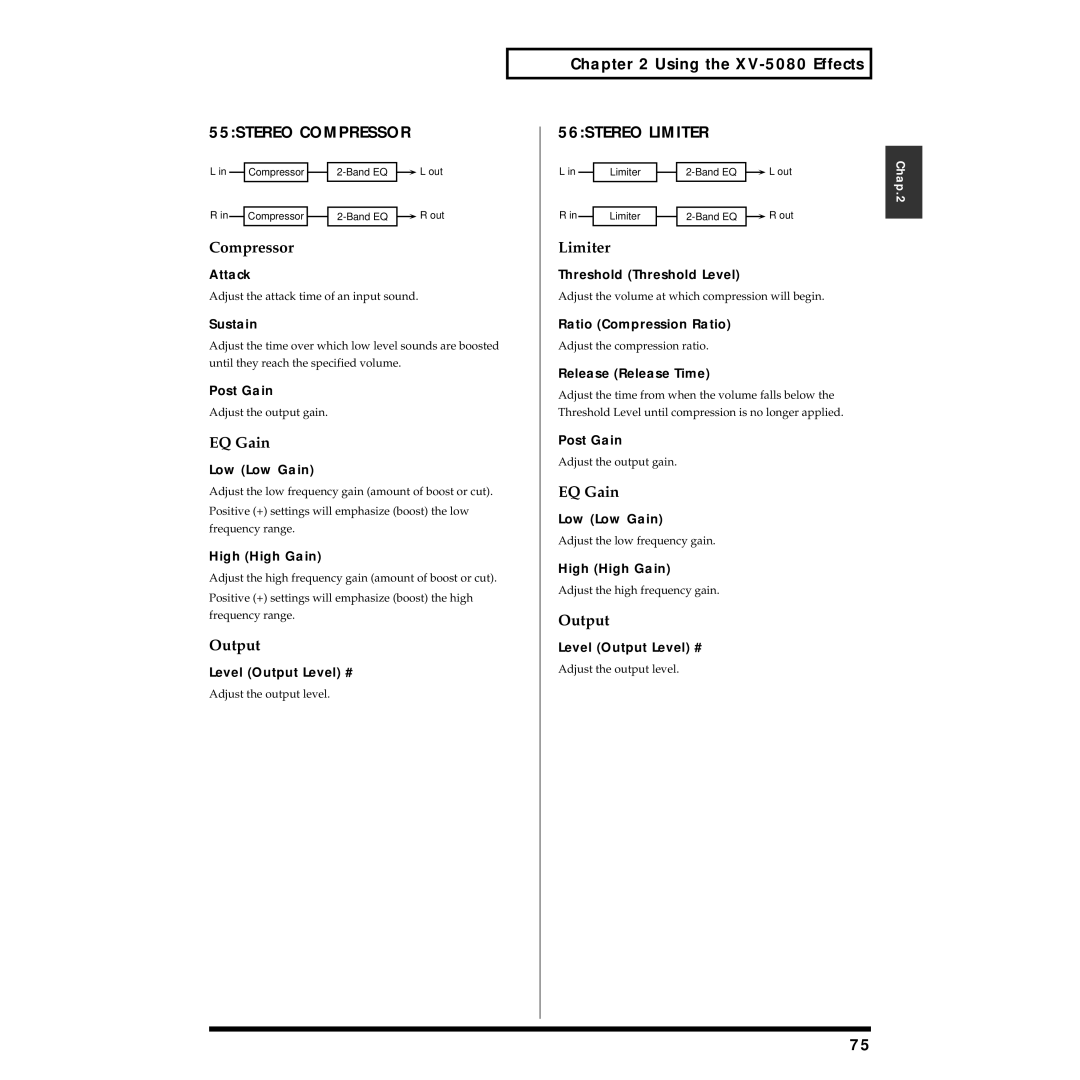 Roland XV-5080 owner manual 55STEREO Compressor, 56STEREO Limiter 
