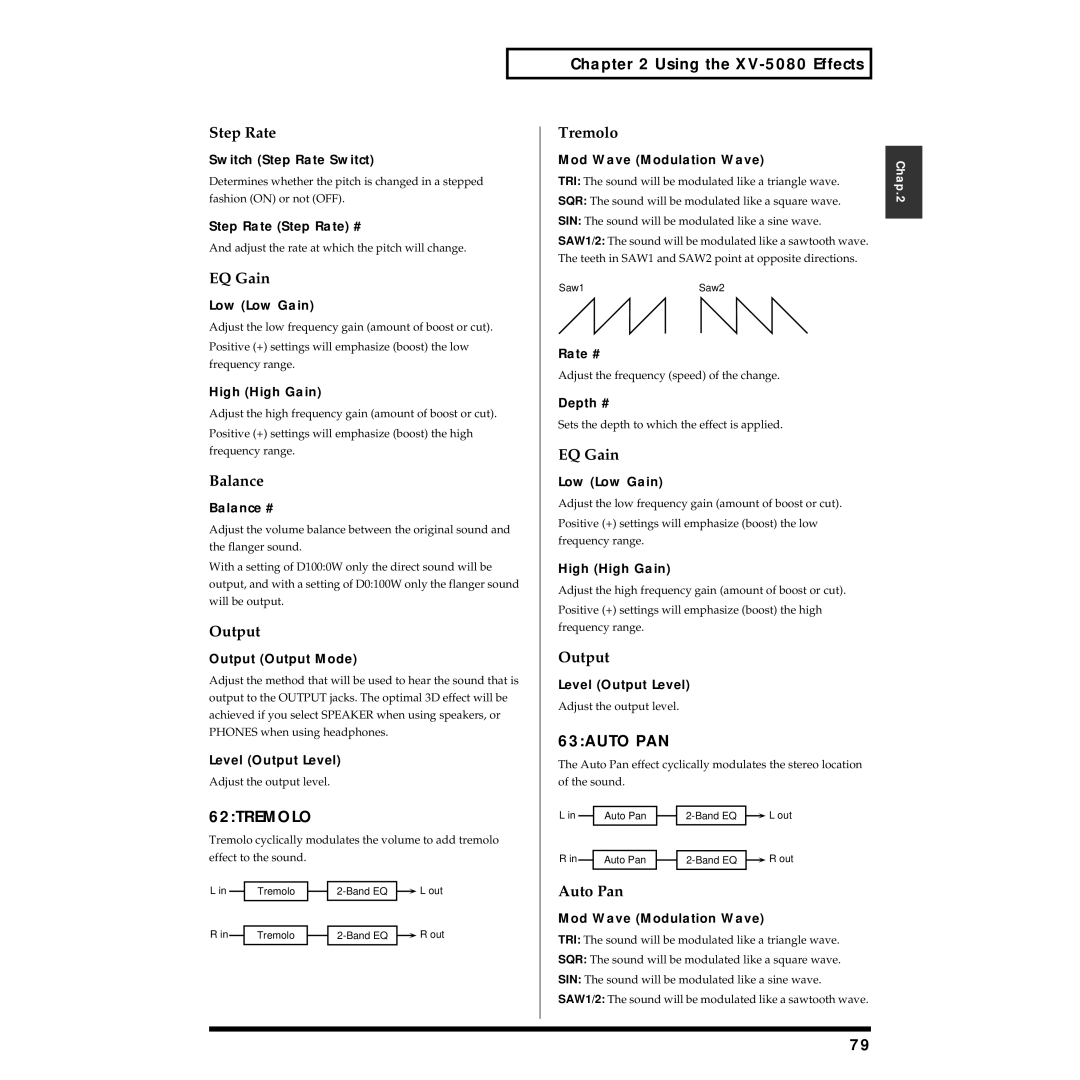 Roland XV-5080 owner manual 62TREMOLO, 63AUTO PAN, Auto Pan 