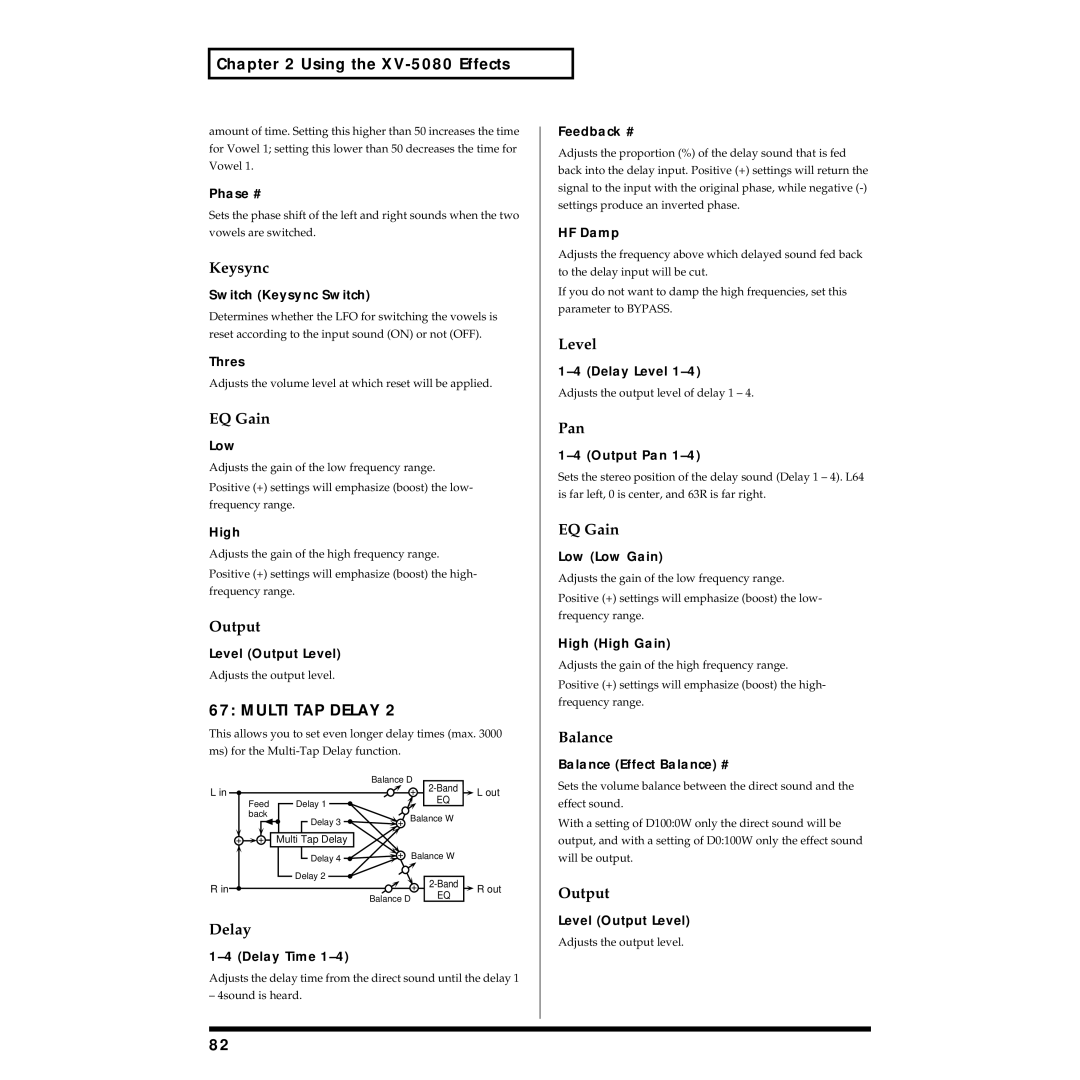 Roland XV-5080 owner manual Multi TAP Delay, Thres, Delay Level 