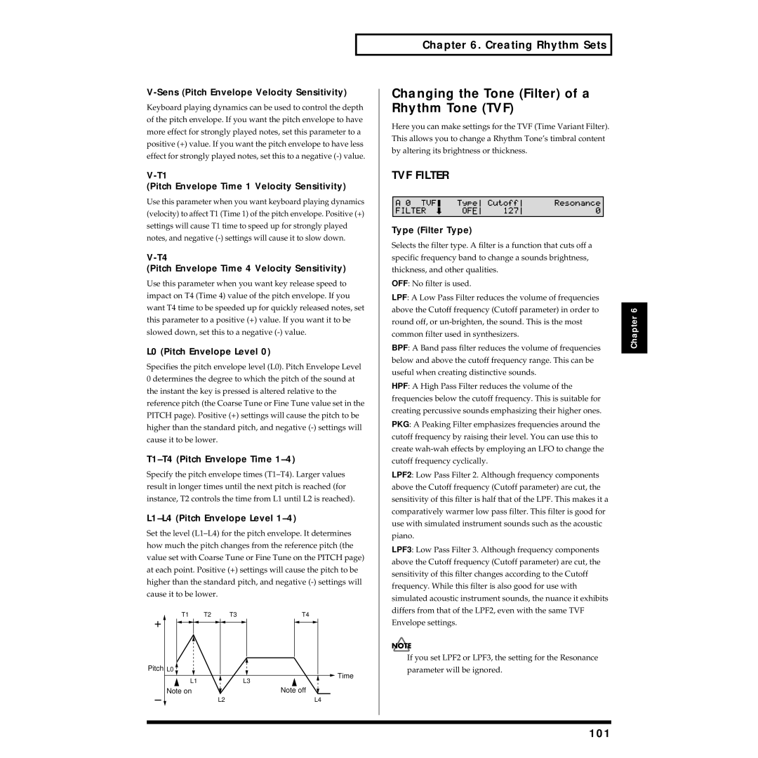 Roland XV-88 owner manual Changing the Tone Filter of a Rhythm Tone TVF, 101 