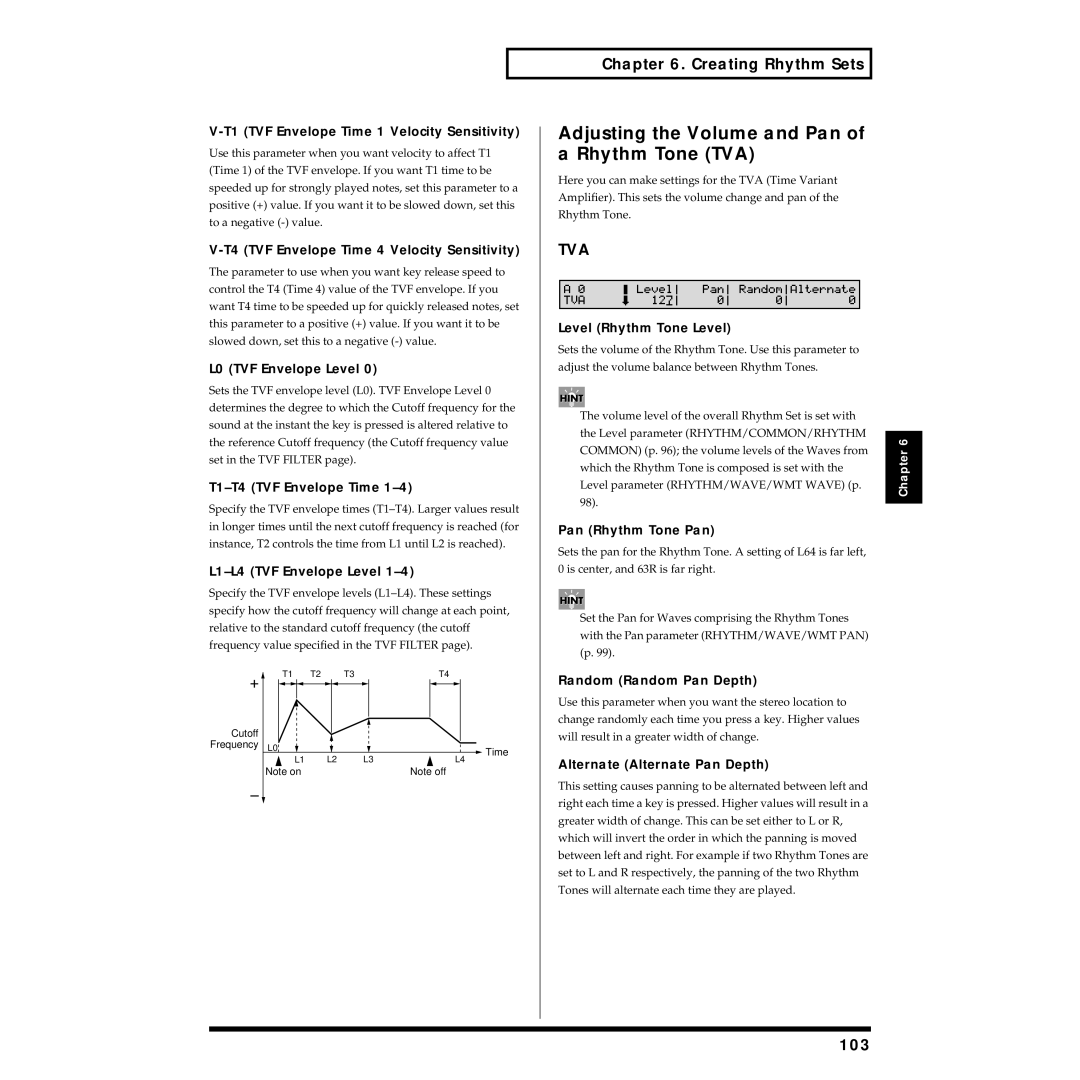 Roland XV-88 Adjusting the Volume and Pan of a Rhythm Tone TVA, 103, Level Rhythm Tone Level, Pan Rhythm Tone Pan 
