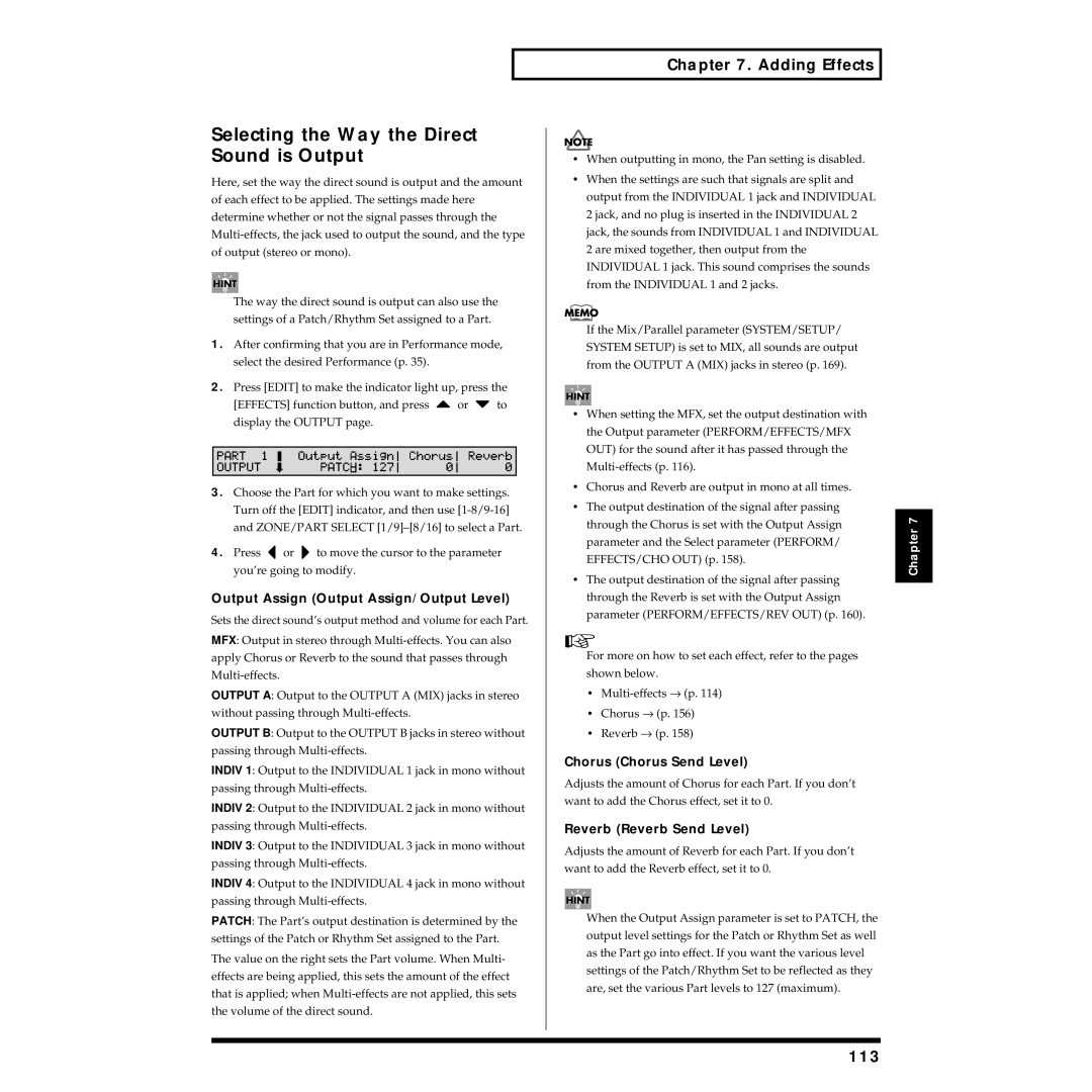 Roland XV-88 owner manual Selecting the Way the Direct Sound is Output, 113 