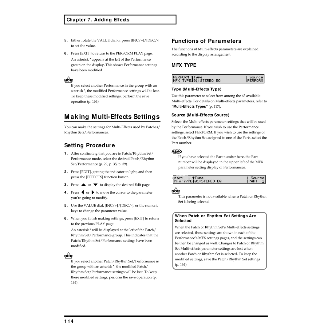 Roland XV-88 owner manual Making Multi-Effects Settings, Setting Procedure, Functions of Parameters, MFX Type, 114 