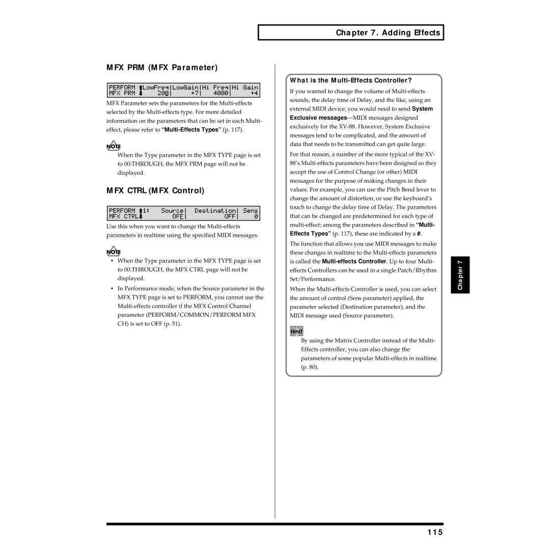 Roland XV-88 owner manual MFX PRM MFX Parameter, MFX Ctrl MFX Control, 115, What is the Multi-Effects Controller? 