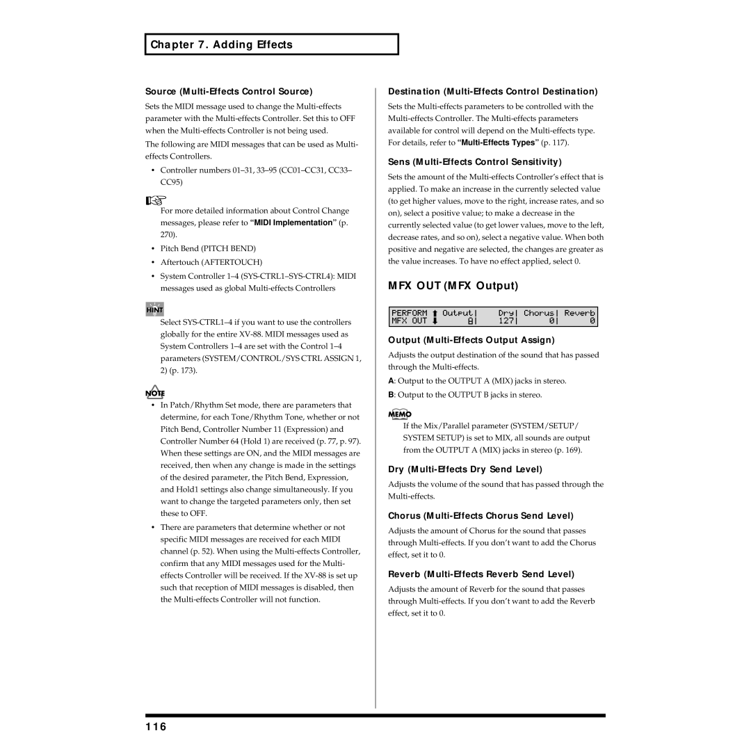 Roland XV-88 owner manual MFX OUT MFX Output, 116 