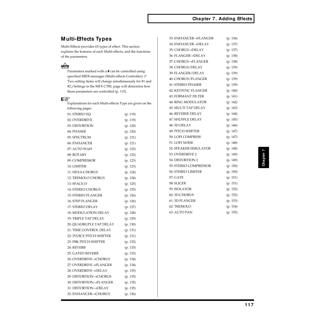 Roland XV-88 owner manual Multi-Effects Types, 117 