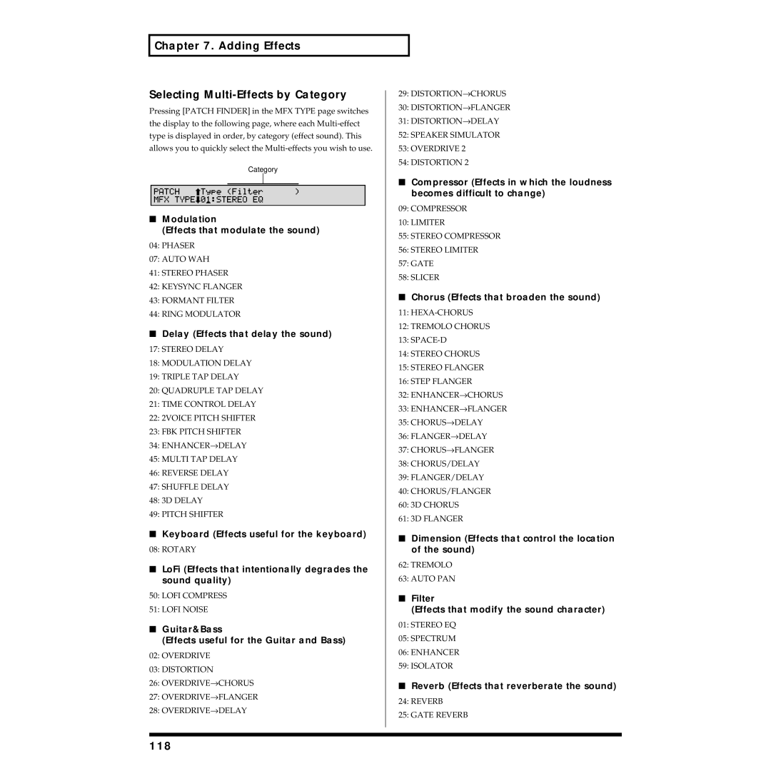 Roland XV-88 owner manual Adding Effects Selecting Multi-Effects by Category, 118 