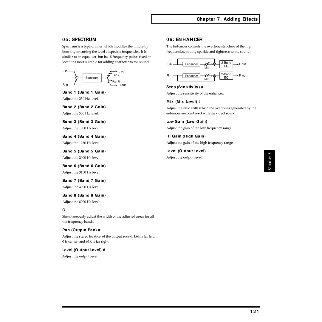 Roland XV-88 owner manual Spectrum, Enhancer, 121 