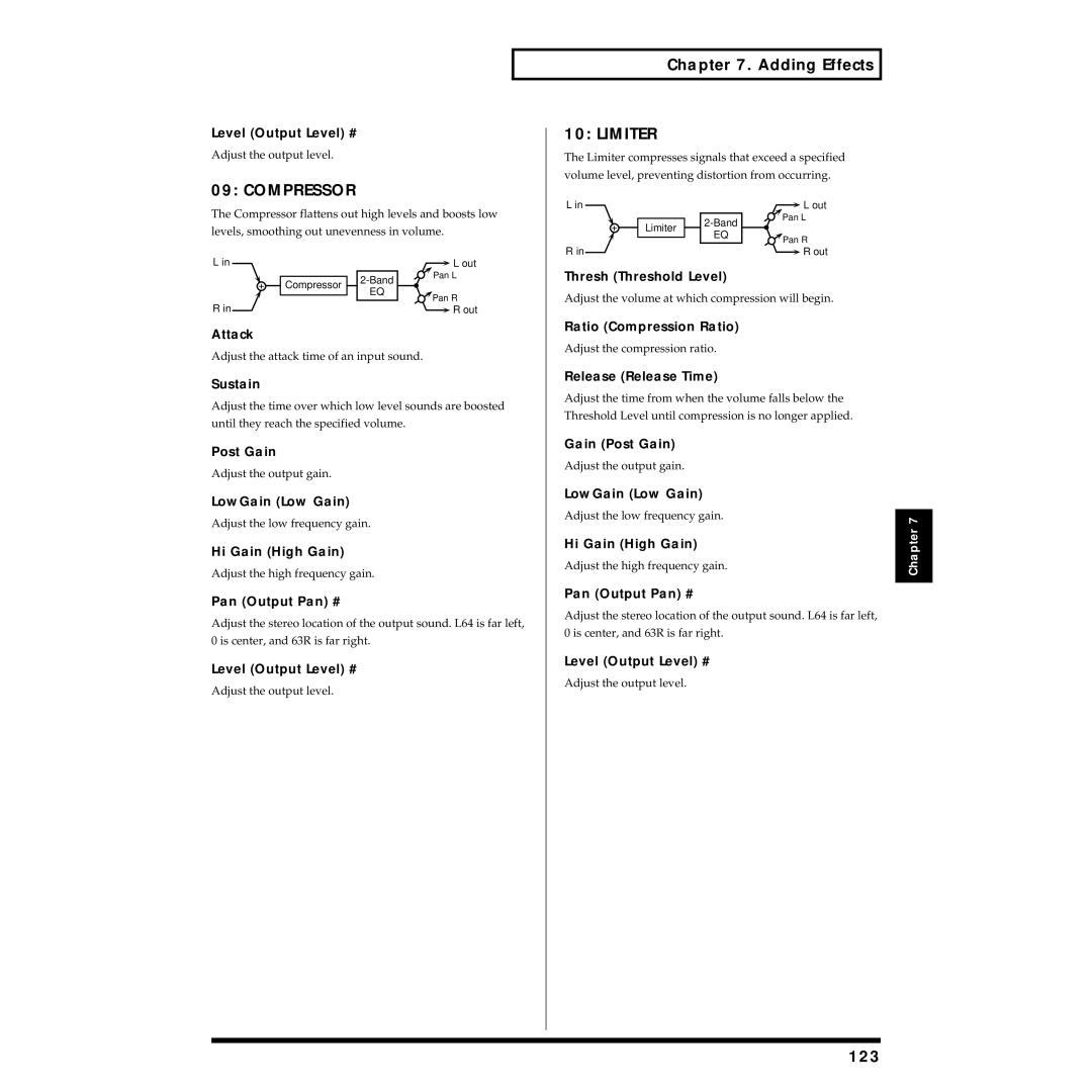 Roland XV-88 owner manual Compressor, Limiter, 123 