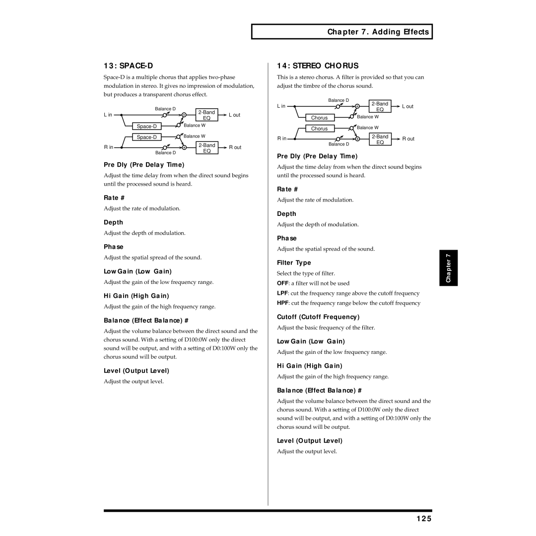 Roland XV-88 owner manual Space-D, Stereo Chorus, 125, Phase, Filter Type 