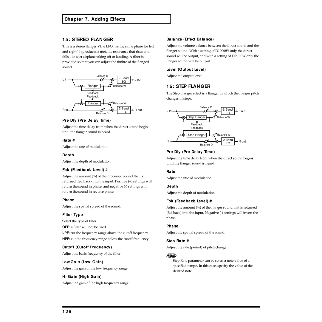Roland XV-88 owner manual Stereo Flanger, Step Flanger, 126 