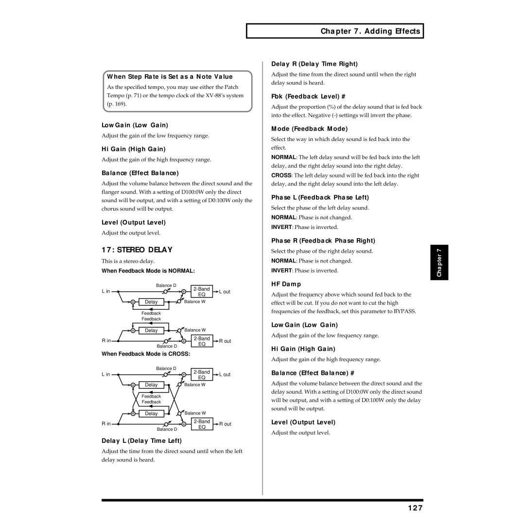 Roland XV-88 owner manual Stereo Delay, 127 