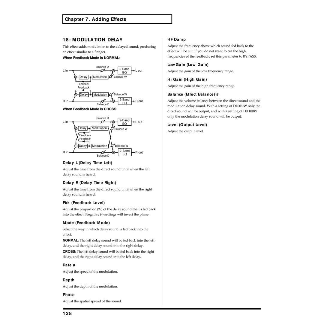 Roland XV-88 owner manual Modulation Delay, 128, Fbk Feedback Level 