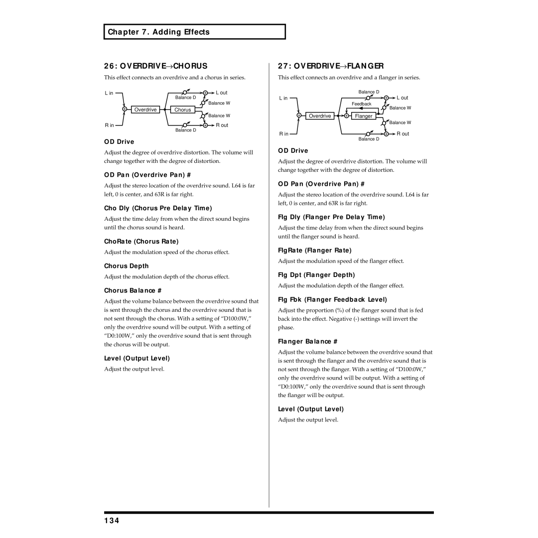 Roland XV-88 owner manual OVERDRIVE→ Chorus, OVERDRIVE→ Flanger, 134 