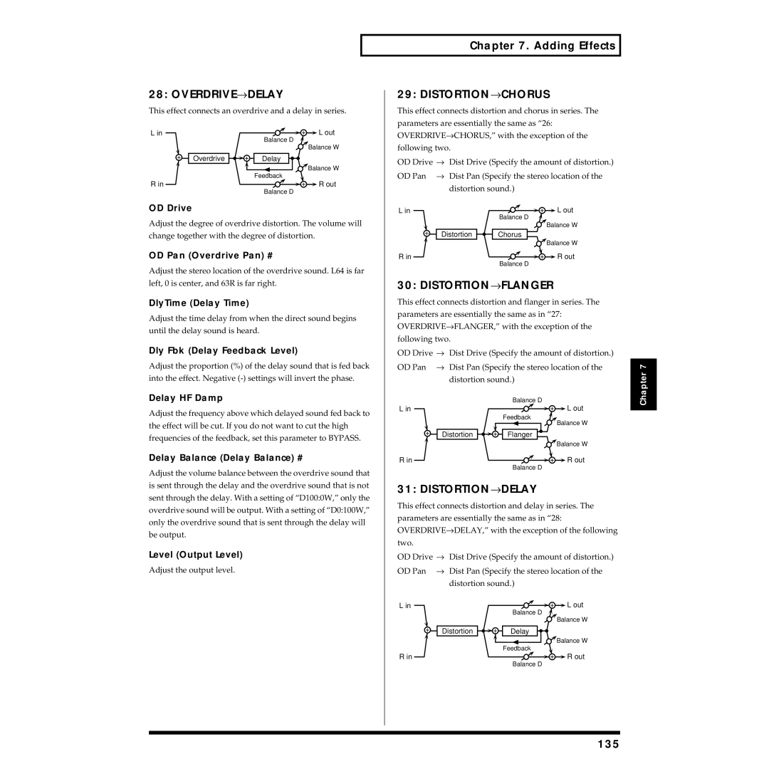 Roland XV-88 owner manual OVERDRIVE→ Delay, DISTORTION→ Chorus, DISTORTION→ Flanger, DISTORTION→ Delay, 135 