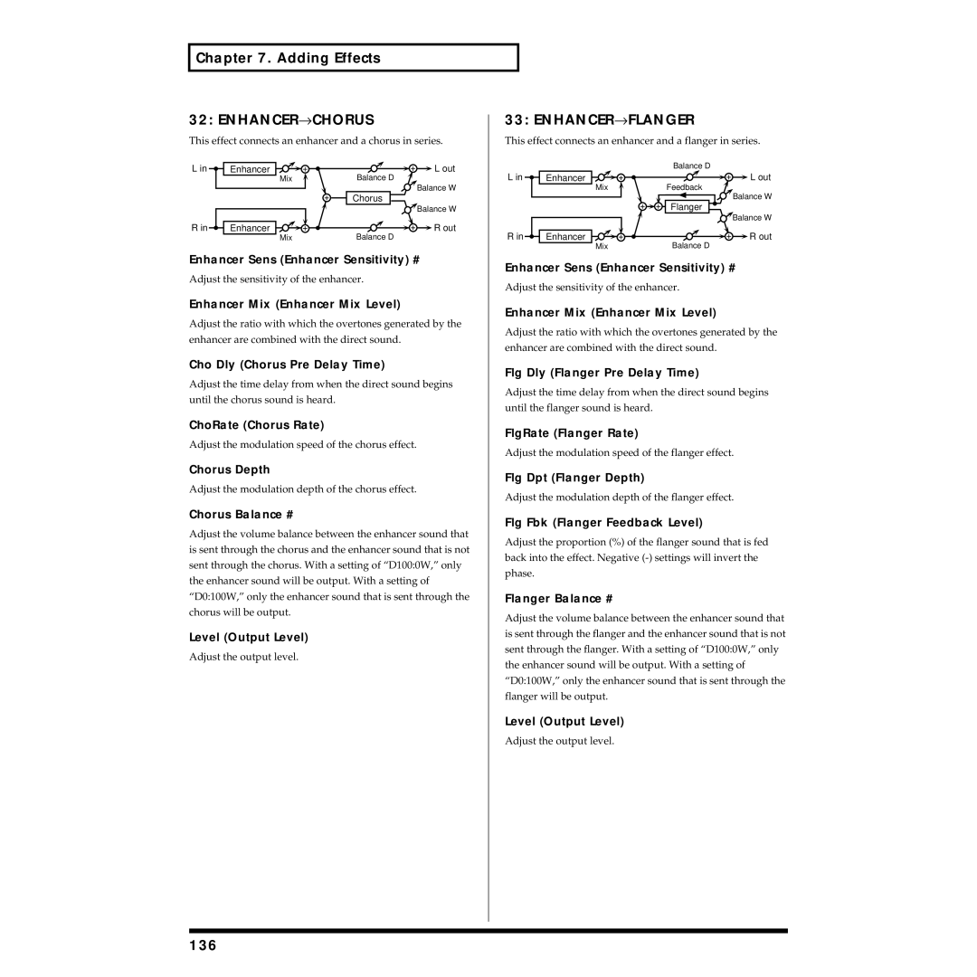 Roland XV-88 owner manual ENHANCER→ Chorus, ENHANCER→ Flanger, 136, Enhancer Sens Enhancer Sensitivity # 