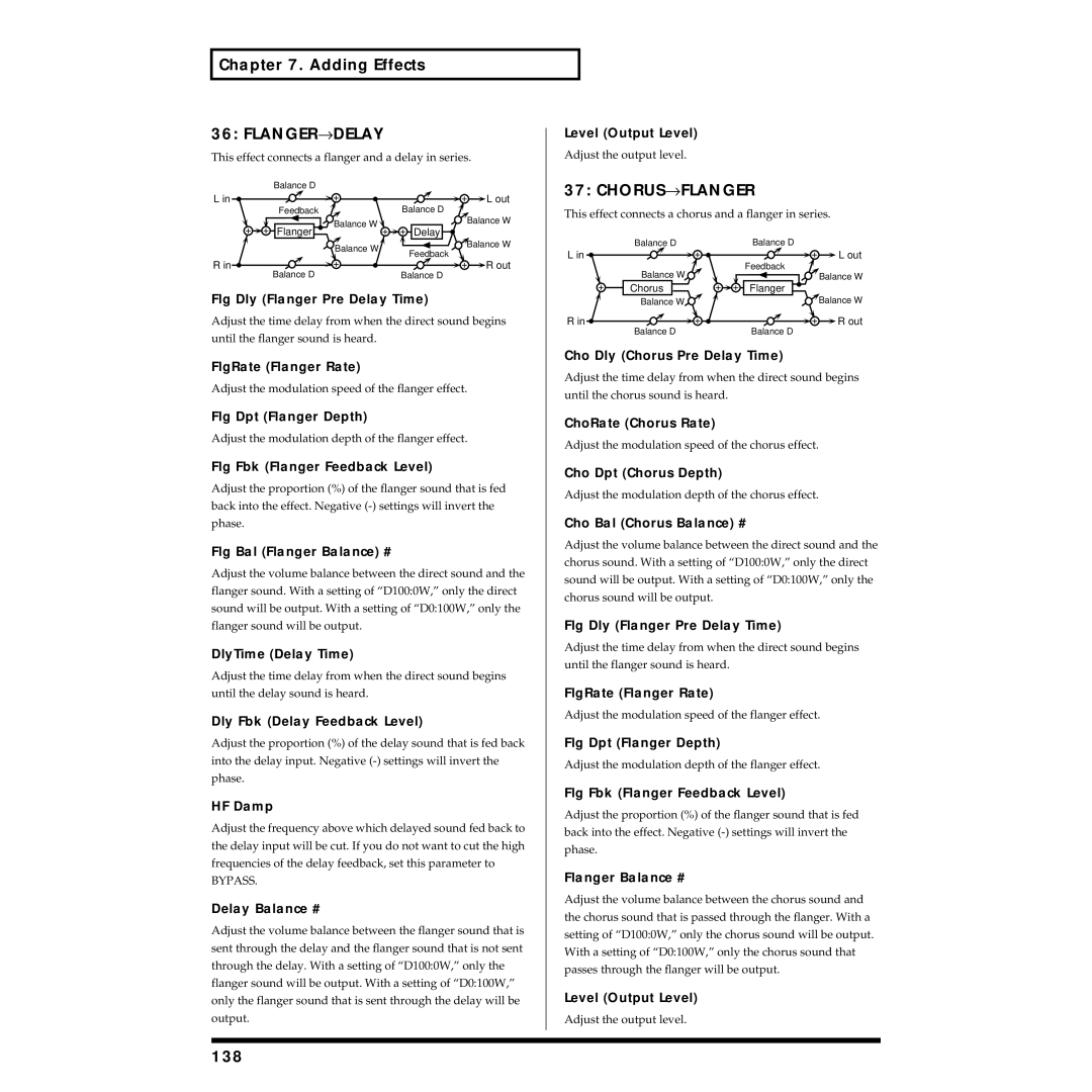 Roland XV-88 owner manual FLANGER→ Delay, CHORUS→ Flanger, 138, Flg Bal Flanger Balance # 