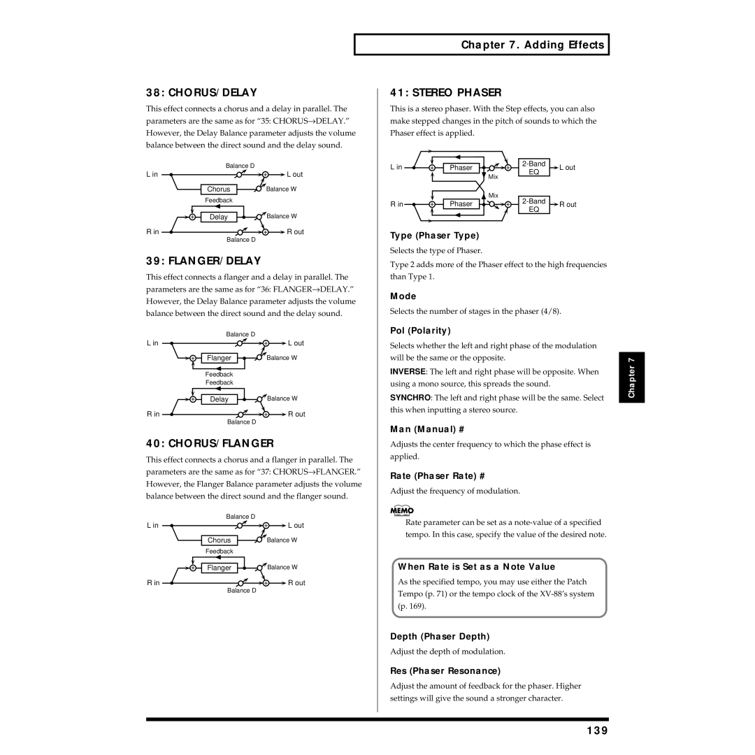 Roland XV-88 owner manual Chorus/Delay, Flanger/Delay, Chorus/Flanger, Stereo Phaser, 139 