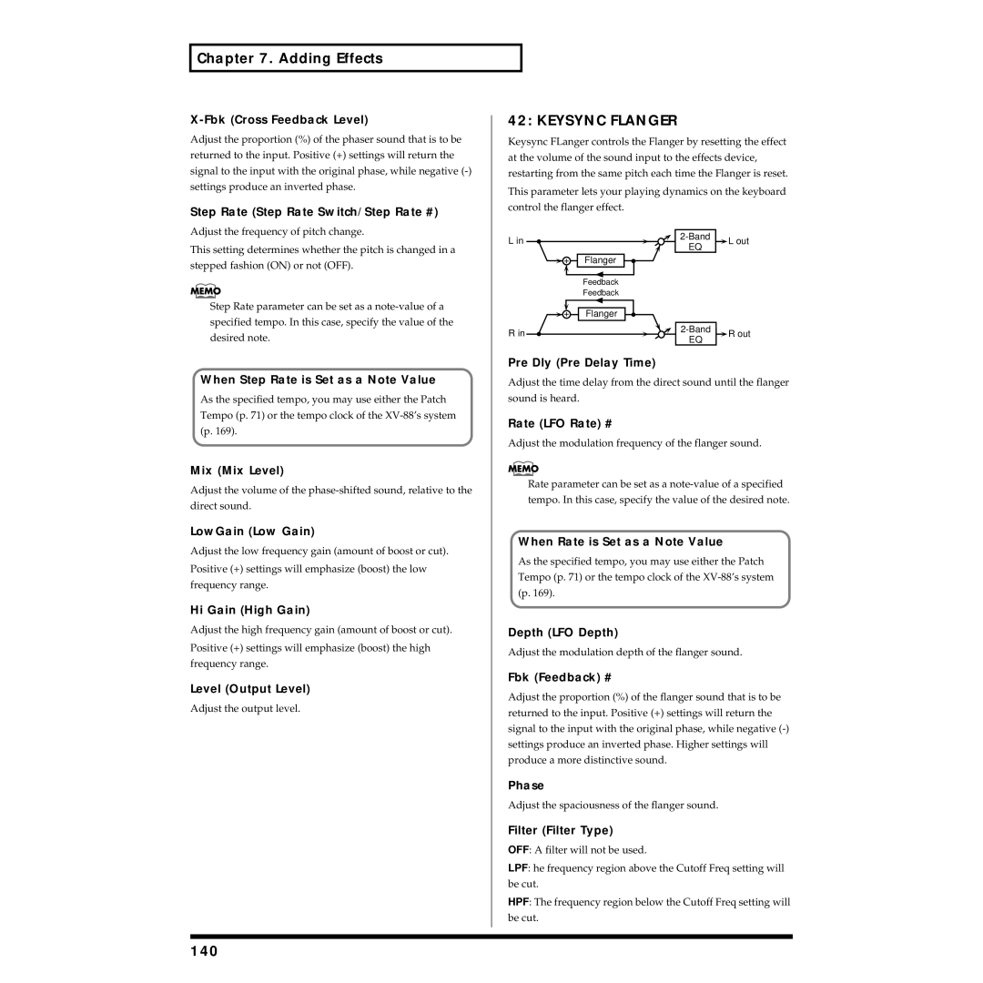Roland XV-88 owner manual Keysync Flanger, 140 