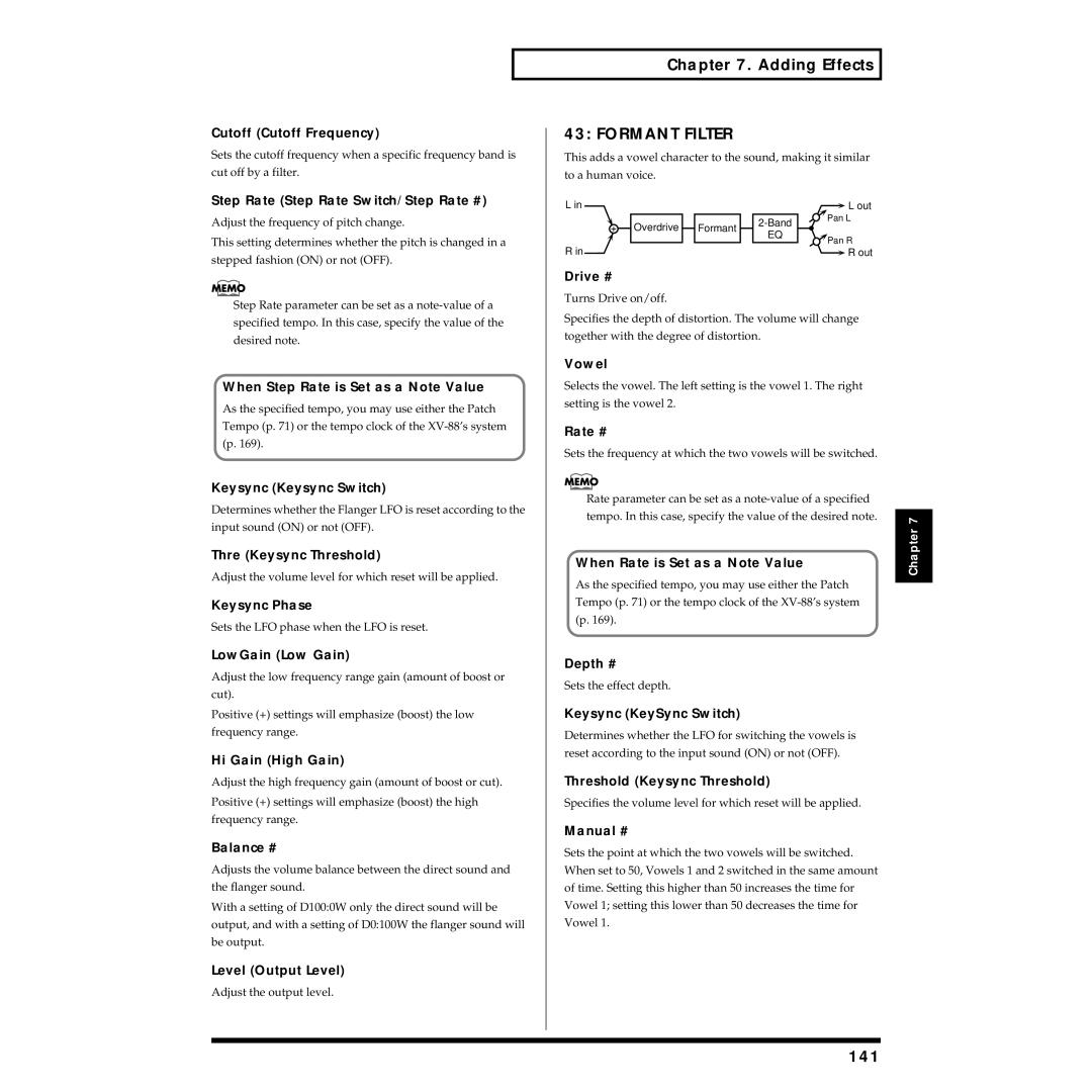 Roland XV-88 owner manual Formant Filter, 141 