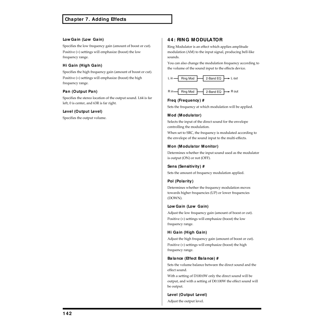 Roland XV-88 owner manual Ring Modulator, 142, Freq Frequency #, Mod Modulator, Mon Modulator Monitor 