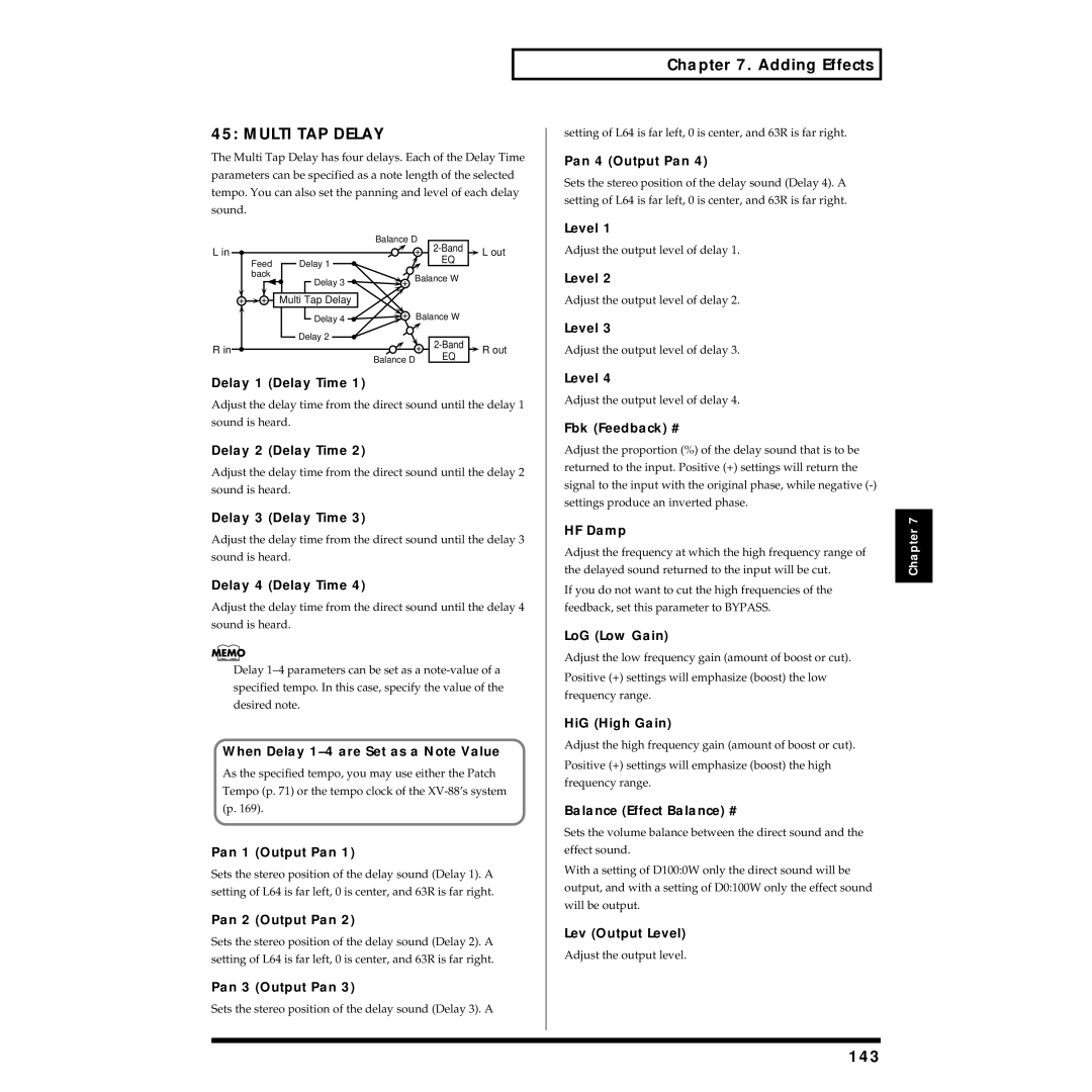 Roland XV-88 owner manual Multi TAP Delay, 143 