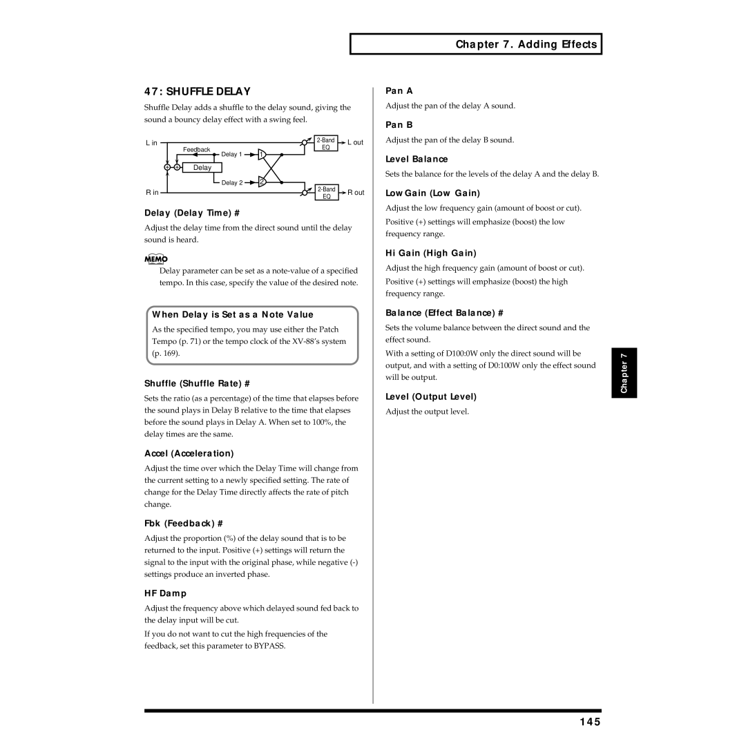 Roland XV-88 owner manual Shuffle Delay, 145 