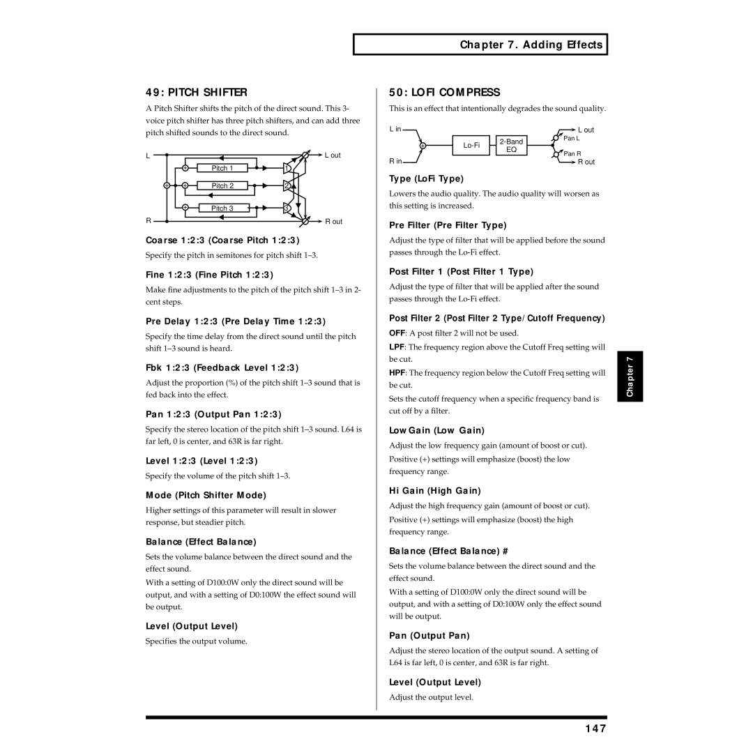 Roland XV-88 owner manual Pitch Shifter, Lofi Compress, 147 