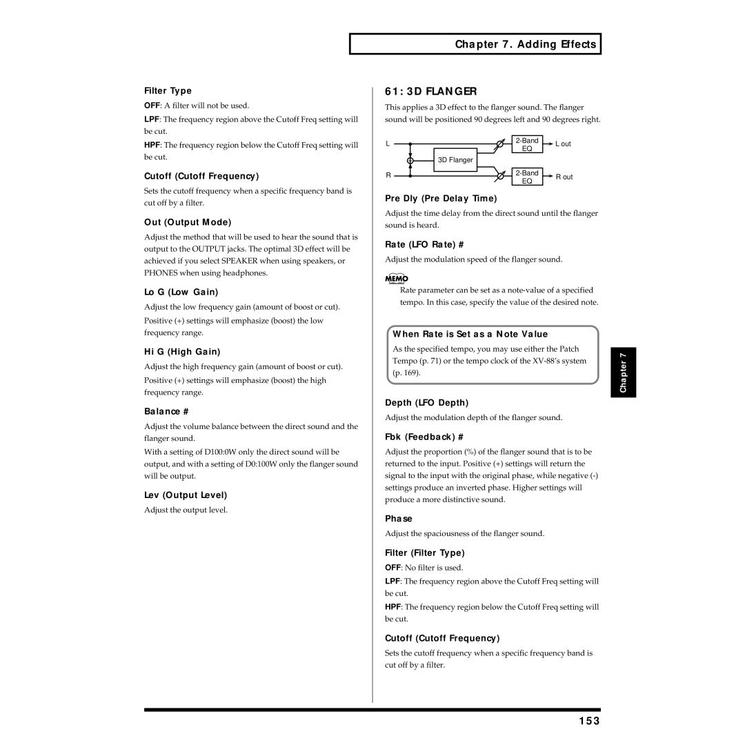 Roland XV-88 owner manual 61 3D Flanger, 153 