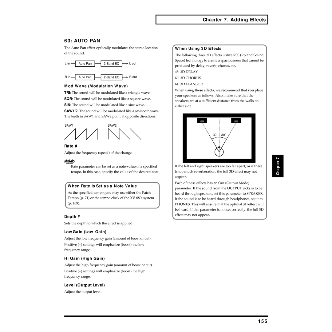 Roland XV-88 owner manual Auto PAN, 155, When Using 3D Effects 