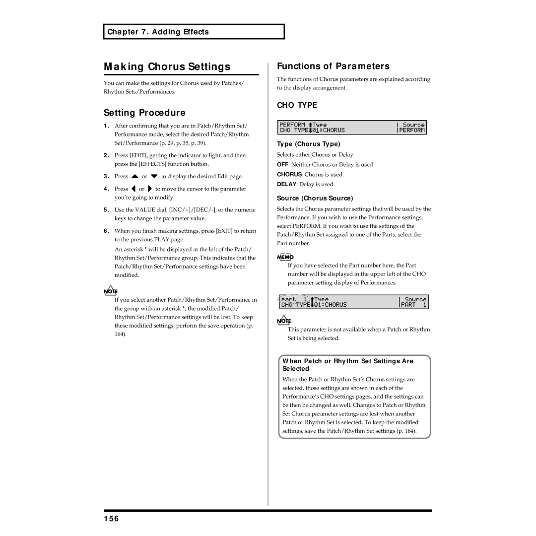 Roland XV-88 owner manual Making Chorus Settings, CHO Type, 156, Type Chorus Type, Source Chorus Source 