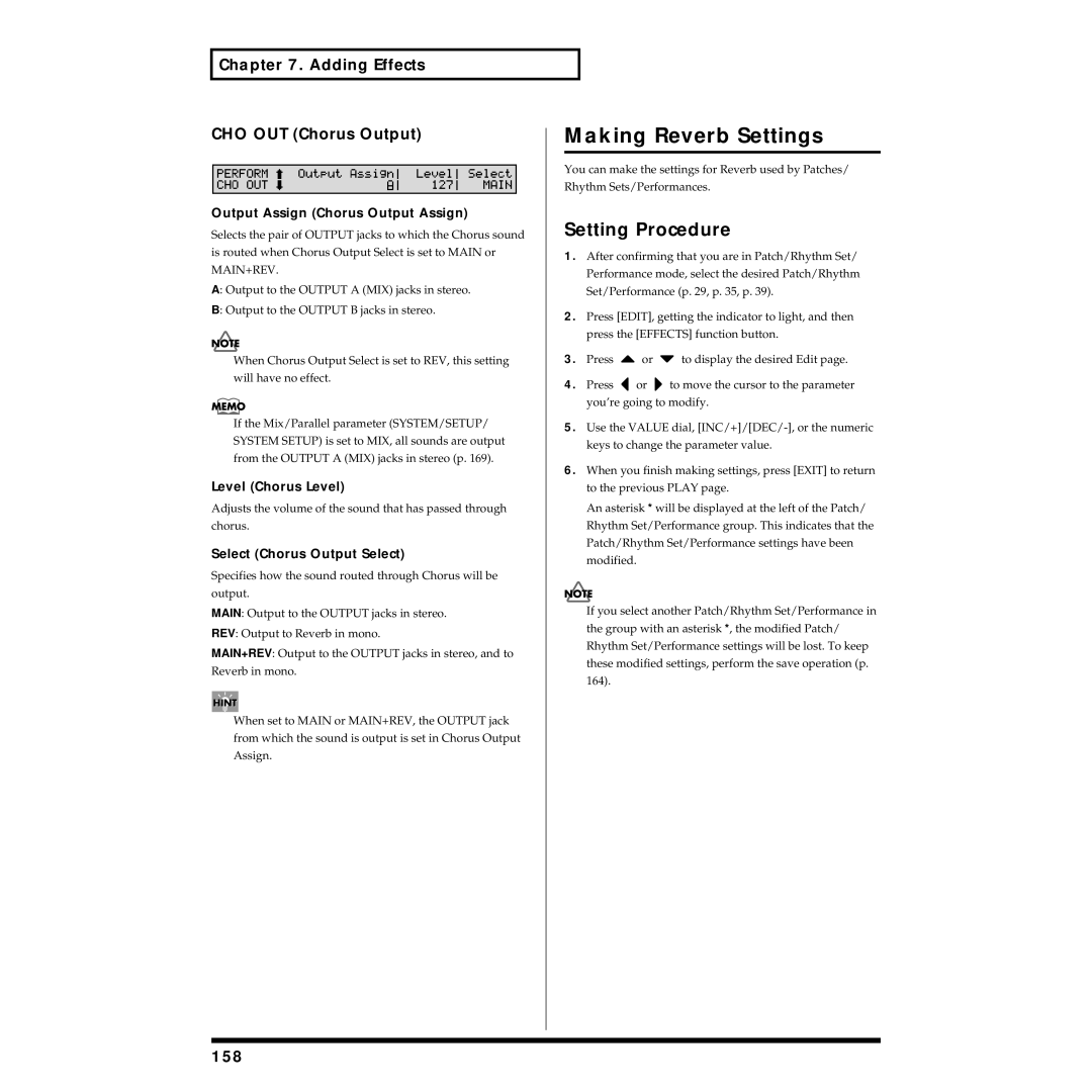 Roland XV-88 owner manual Making Reverb Settings, Adding Effects CHO OUT Chorus Output, 158 