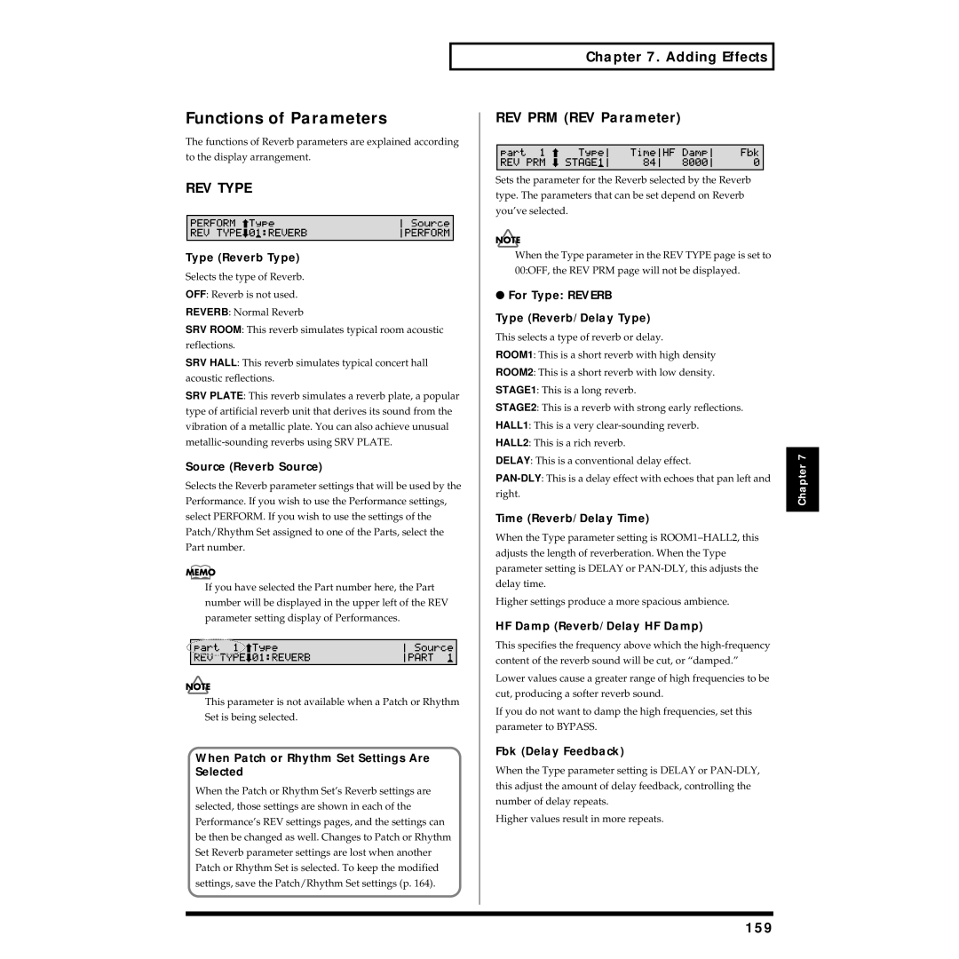 Roland XV-88 owner manual REV Type, Adding Effects REV PRM REV Parameter, 159 