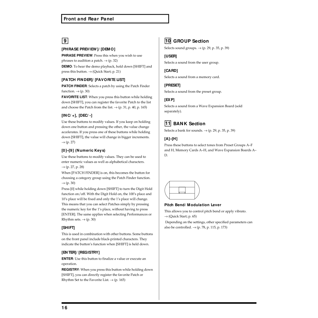 Roland XV-88 owner manual Group Section, Bank Section, Inc/+, Dec, Numeric Keys, Pitch Bend/Modulation Lever 