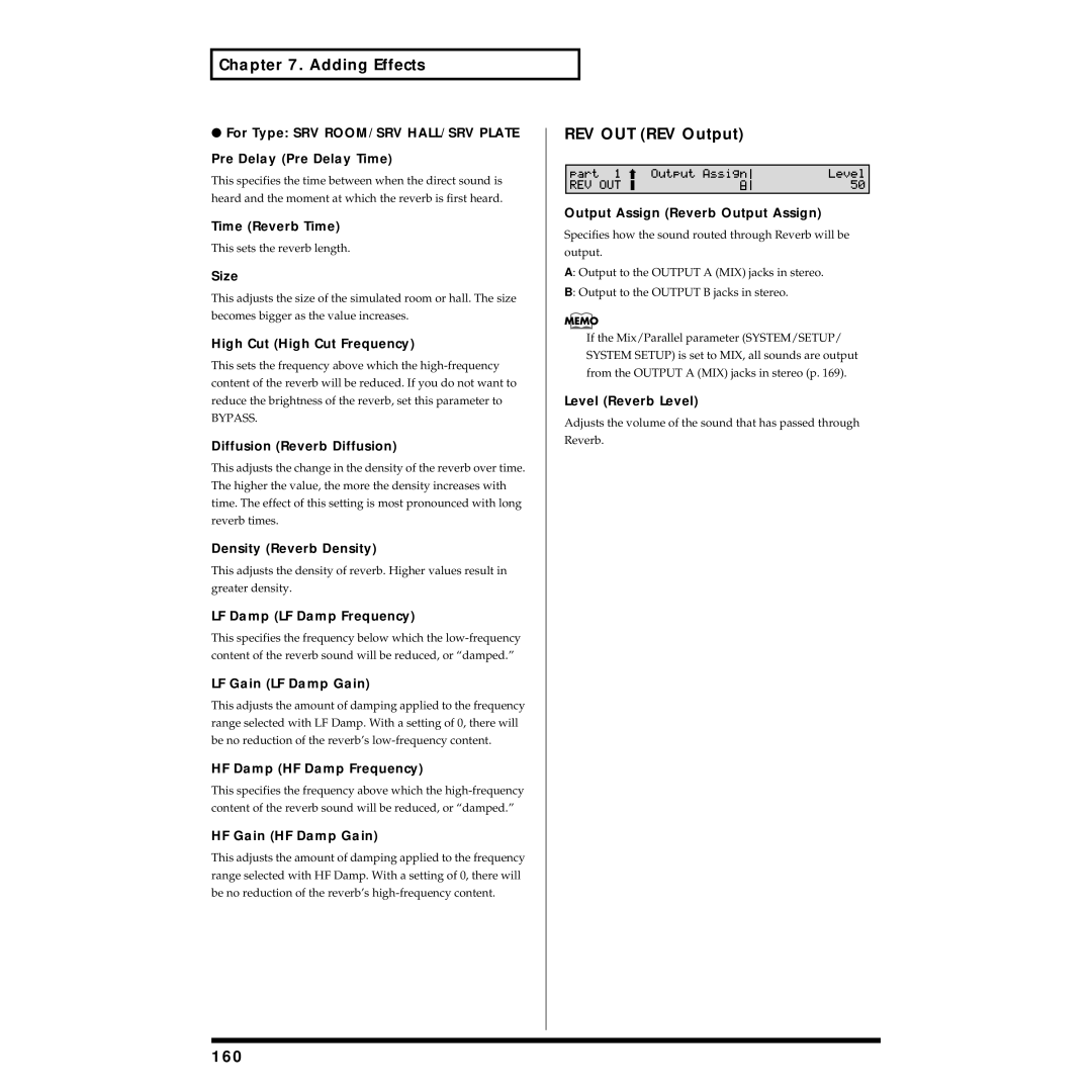 Roland XV-88 owner manual REV OUT REV Output, 160 