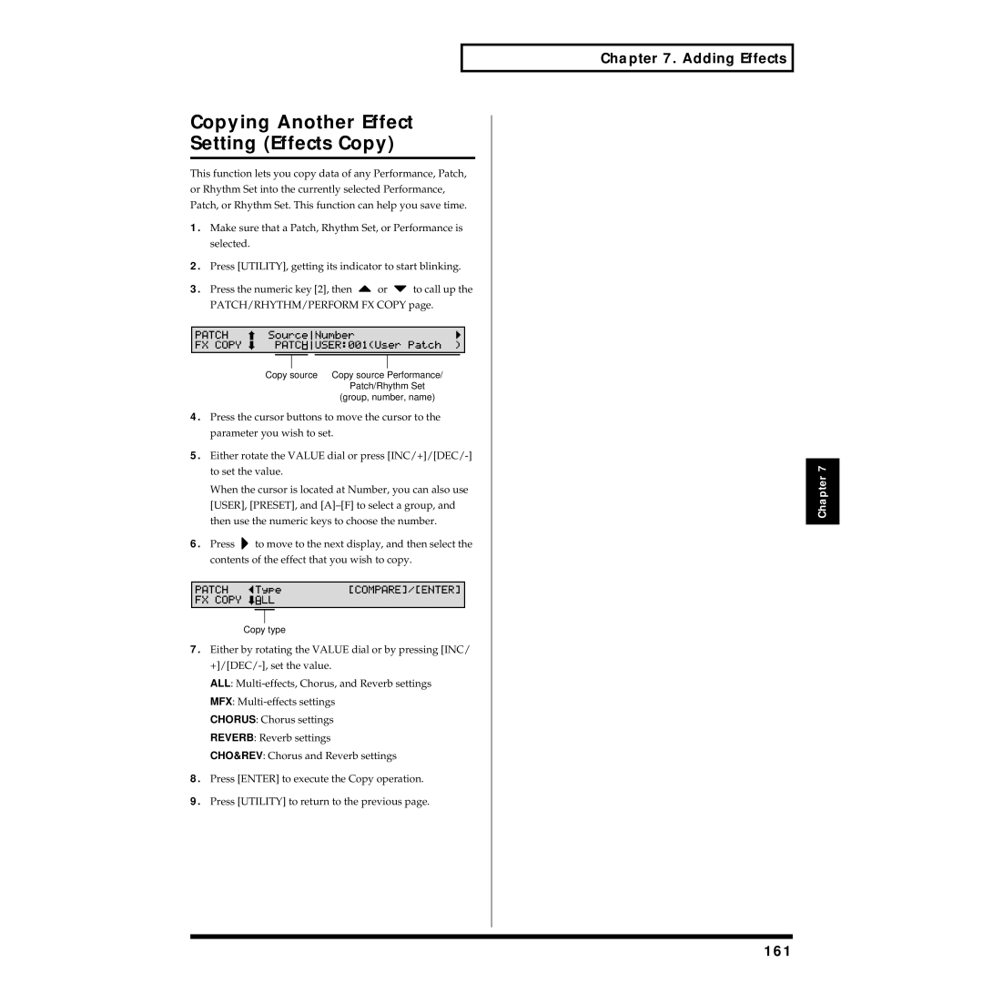 Roland XV-88 owner manual Copying Another Effect Setting Effects Copy, 161 