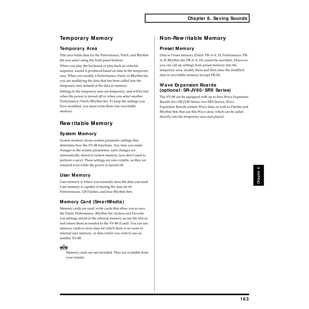 Roland XV-88 owner manual Temporary Memory, Non-Rewritable Memory 