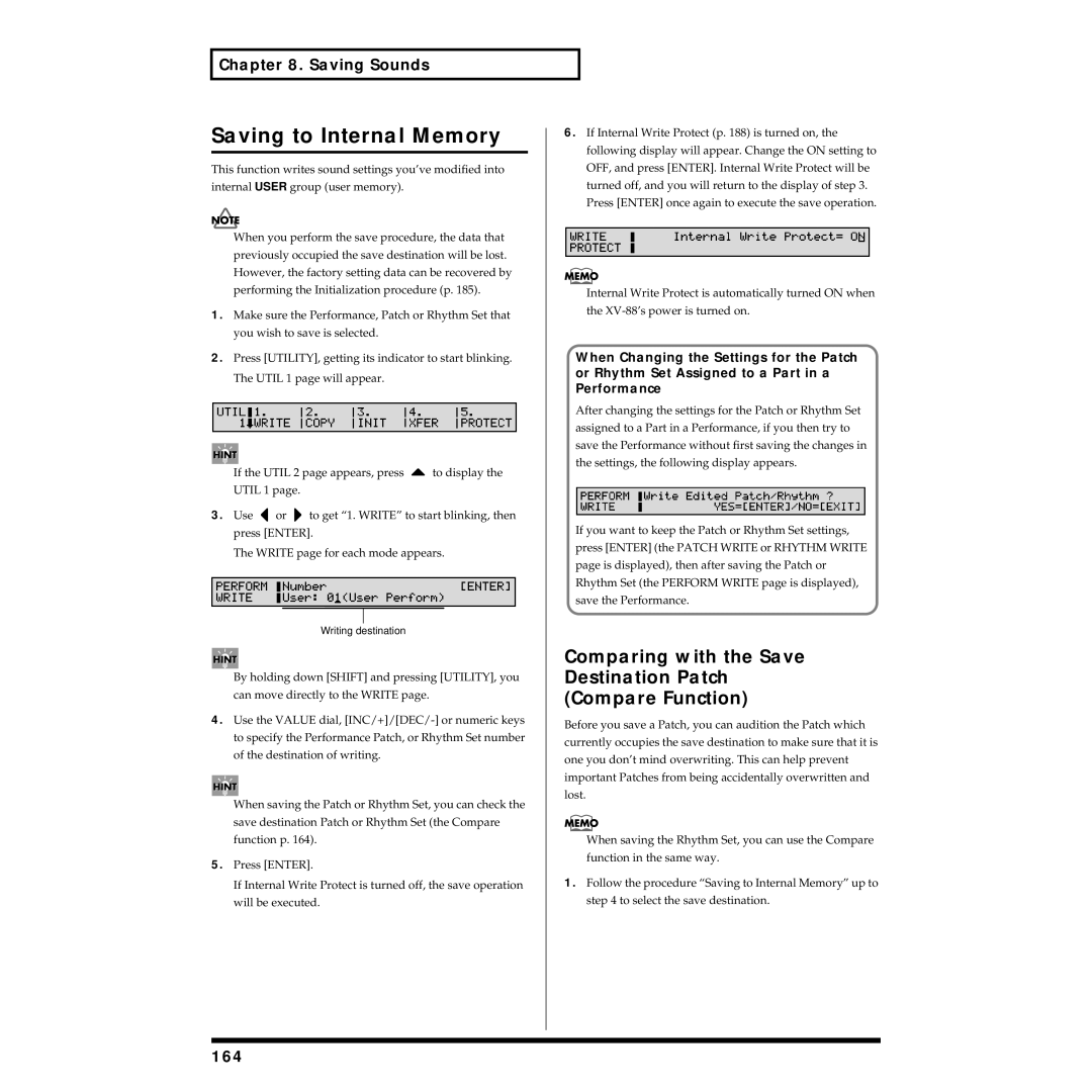 Roland XV-88 owner manual Saving to Internal Memory, Comparing with the Save Destination Patch Compare Function, 164 