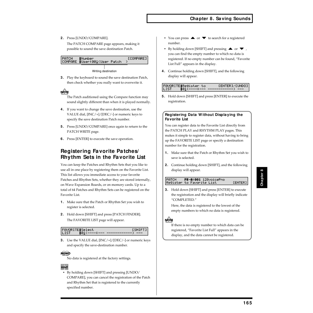 Roland XV-88 owner manual 165, Registering Data Without Displaying the Favorite List 