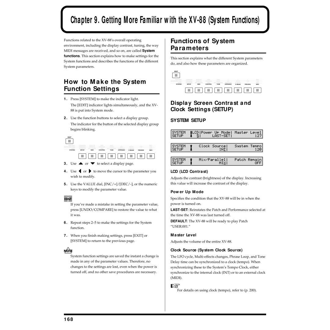 Roland XV-88 owner manual How to Make the System Function Settings, Functions of System Parameters, System Setup, 168 